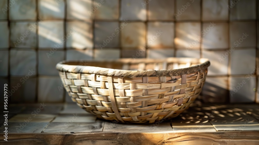 Rustic Woven Basket on Textured Tiled Surface in Sunlight. Rustic Woven Basket on Textured Tiled Surface in Sunlight.