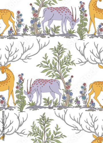 seamless pattern with hand drawn  wild deer, plants and flowers. repeat pattern for wallpaper, fabric print, textile print, kids book.
