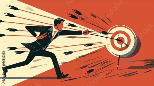 Determined businessman chasing arrow target while being pursued by competitors, symbolizing goal achievement and challenges