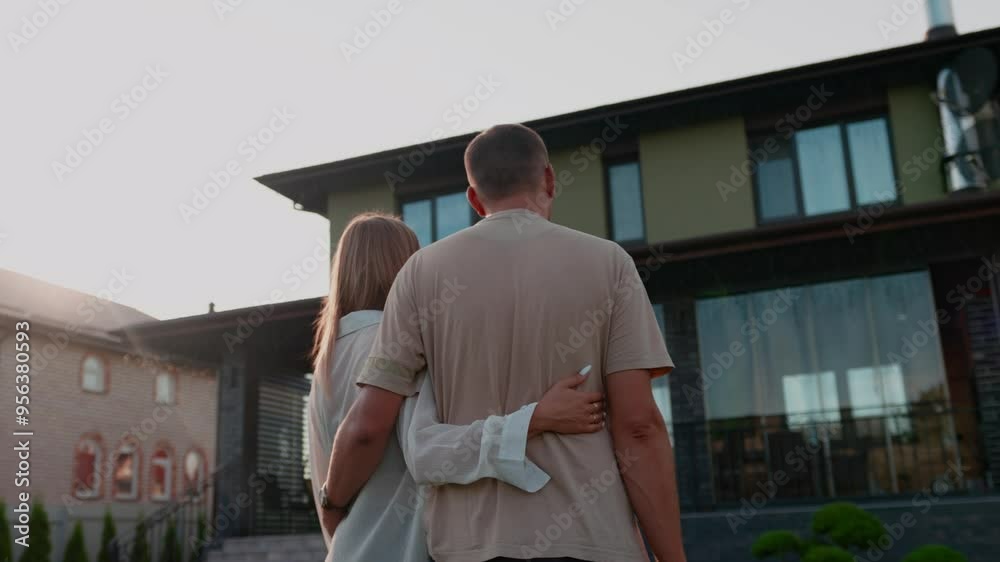 The couple is buying a big house. New large modern house. The family chooses a property, standing in front of building and discovering. Married couple looking at house, standing and hugging together 