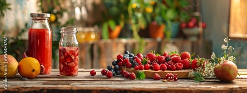 Variety of fresh berries and juice bottles on a rustic wooden table photo