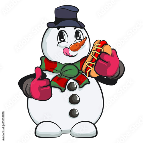 christmas cartoon character mascot of a snowman carrying a hotdog while giving a thumbs up, work of handmade