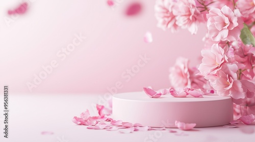 Elegant pink flowers cascading over a smooth platform, creating a serene and romantic atmosphere for styling or product display.