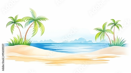 A tranquil tropical beach scene featuring palm trees, soft sand, and serene ocean waves under a bright blue sky.