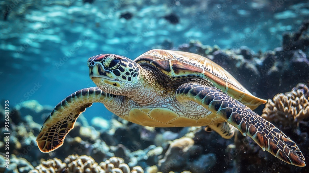Fototapeta premium Majestic Sea Turtle Swimming Through Intricate Coral Reef Patterns