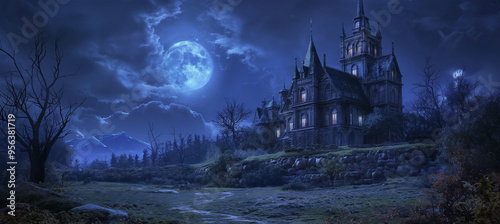 The halloween dark castle, game background, Illustration 