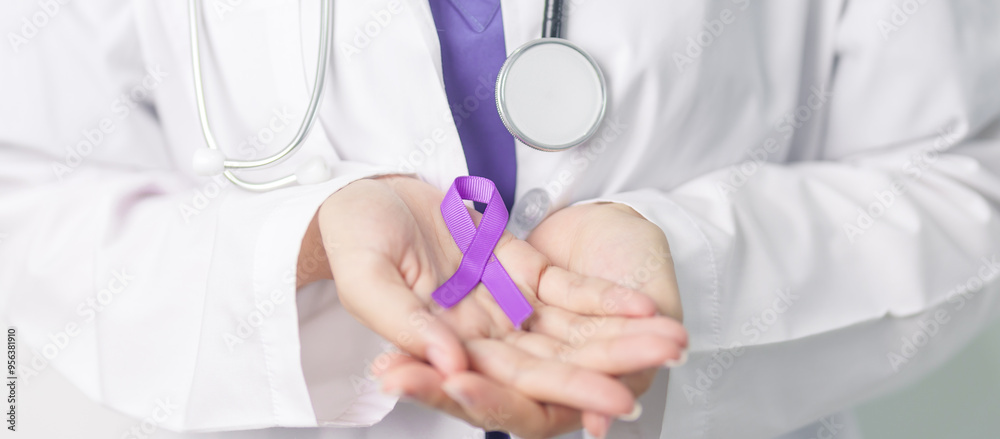 Doctor holding purple Ribbon for Violence, Pancreatic, Esophageal, Testicular cancer, Alzheimer, epilepsy, lupus, Sarcoidosis and Fibromyalgia. Awareness month and World cancer day concept Doctor holding purple Ribbon for Violence, Pancreatic, Esophageal, Testicular cancer, Alzheimer, epilepsy, lupus, Sarcoidosis and Fibromyalgia. Awareness month and World cancer day concept