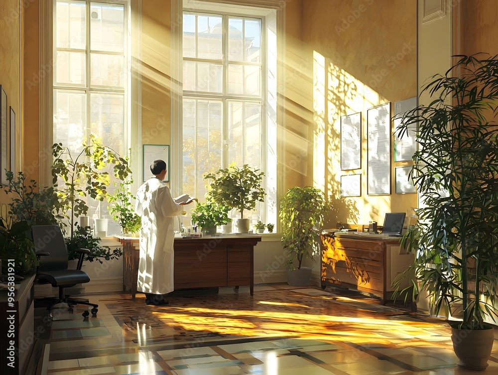 A serene office scene where a homeopathic doctor explains treatment options to a patient, with sunlight streaming through large windows, emphasizing the holistic approach. A serene office scene where a homeopathic doctor explains treatment options to a patient, with sunlight streaming through large windows, emphasizing the holistic approach.
