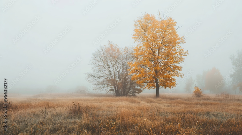 A misty morning in a tranquil meadow, with trees in shades of russet and gold silhouetted against the gray sky. Autumn colorful background, fall backdrop for design concept A misty morning in a tranquil meadow, with trees in shades of russet and gold silhouetted against the gray sky. Autumn colorful background, fall backdrop for design concept