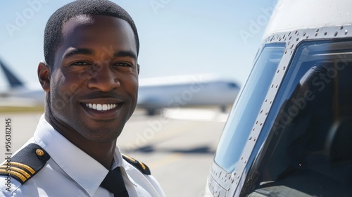 A confident African American pilot stands next to an aircraft on the tarmac, showcasing a bright smile. The background features another plane and clear sky, indicating an active airport setting photo