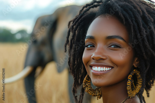 African game warden smiles warmly as an elephant peacefully strolls in the savanna at sunset, highlighting conservation work in africa. Protection of Animals and the Environment.
