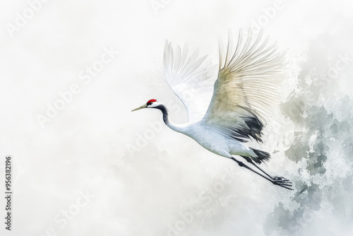 This illustration represents a red-crowned crane flying with open wings in a watercolor painting style photo