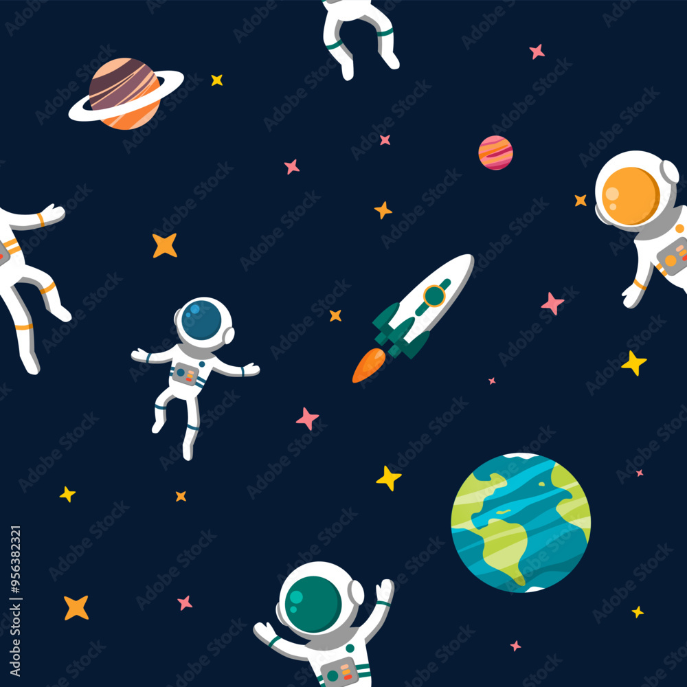Seamless Pattern of Floating Astronauts, Planets, and Rockets in a Colorful Space Adventure Seamless Pattern of Floating Astronauts, Planets, and Rockets in a Colorful Space Adventure