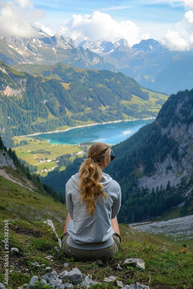 Naklejka premium Hikers looking down from the mountain into the valley, portrait from behind