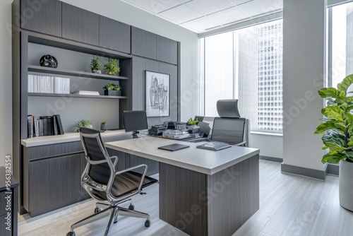 A modern office space with a desk, chairs, and large windows showcasing a city view.