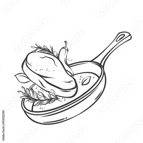 Meat steak, vegetable and herbs flying in pan line icon. Outline beef or pork slice frying with chili pepper, greens ingredients. Cooking process mascot, hand drawn pan of dinner vector illustration