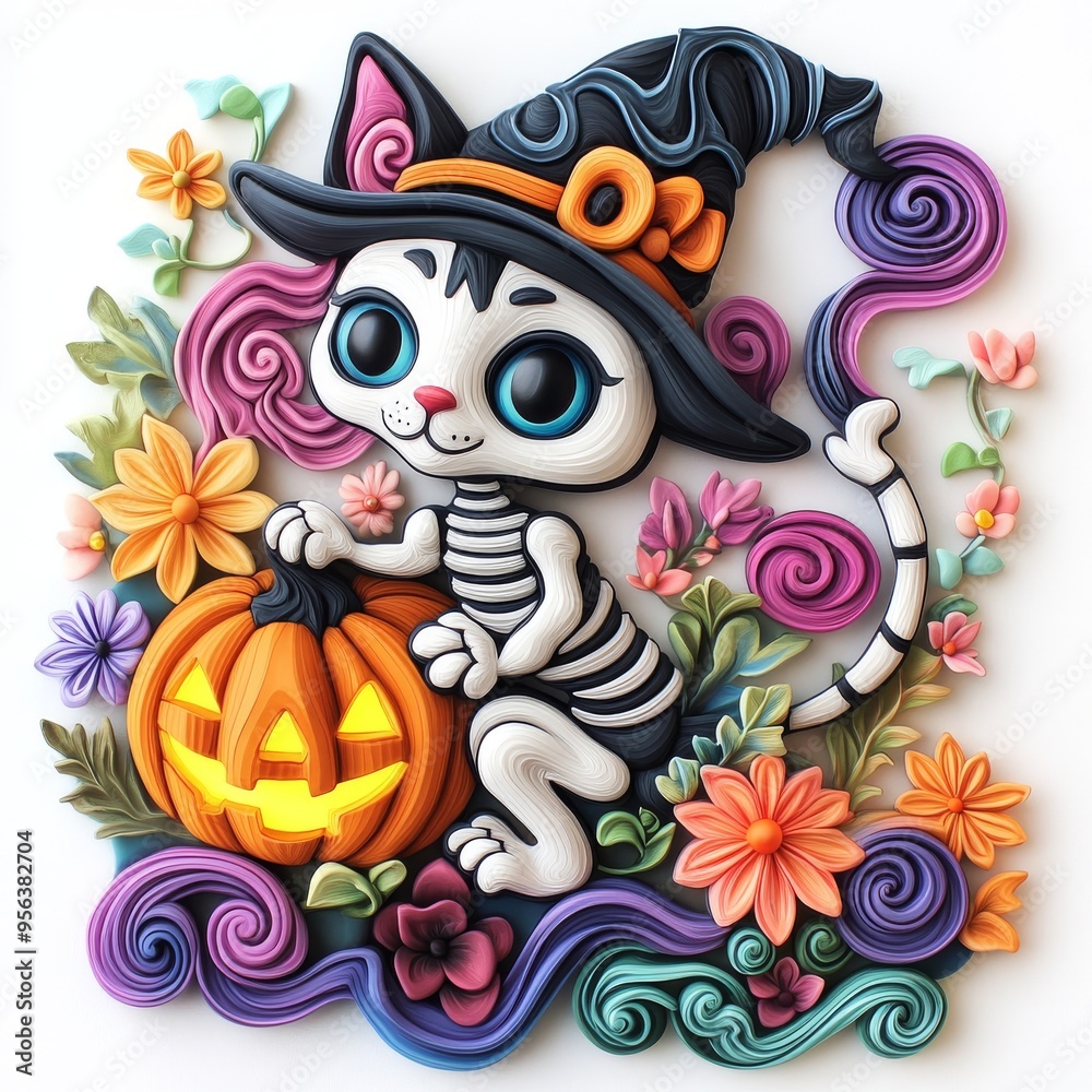 Playful Skeleton Cat Sticker with Witch's Hat in Whimsical Claymation Style on White Background | 3D Floating Art with Colorful Waves and Flowers Playful Skeleton Cat Sticker with Witch's Hat in Whimsical Claymation Style on White Background | 3D Floating Art with Colorful Waves and Flowers