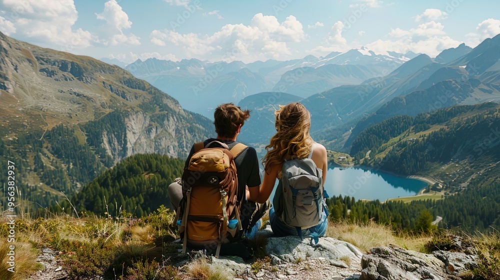Fototapeta premium Hikers looking down from the mountain into the valley, portrait from behind