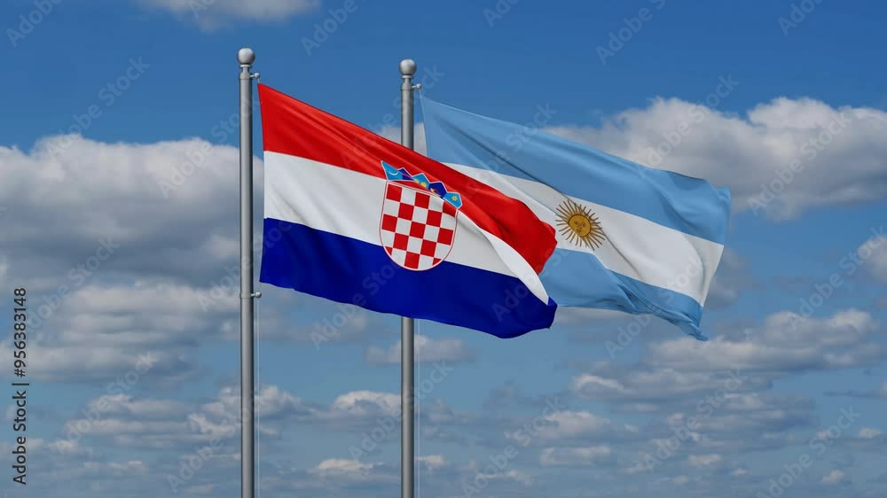 Argentina and Croatia flags flying together, video concept of the relationship, two country relations concept Argentina and Croatia flags flying together, video concept of the relationship, two country relations concept