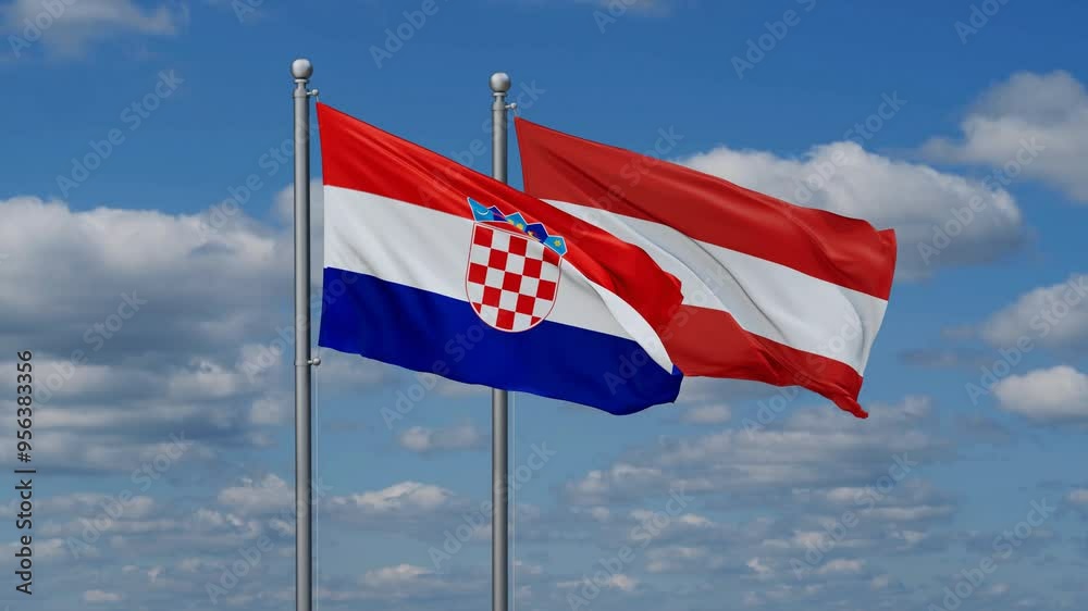 Austria and Croatia flags flying together, video concept of the relationship, two country relations concept Austria and Croatia flags flying together, video concept of the relationship, two country relations concept