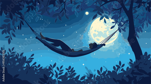 Exhausted young man sleeping in hammock under moonlight, representing the importance of rest and recovery for well-being