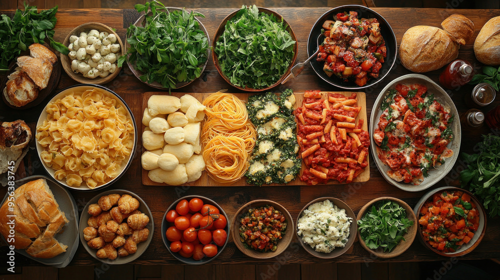 Family Style Meal: A large, shared Italian meal with dishes like pasta, salad, and bread spread across the table, capturing the essence of communal dining. Family Style Meal: A large, shared Italian meal with dishes like pasta, salad, and bread spread across the table, capturing the essence of communal dining.