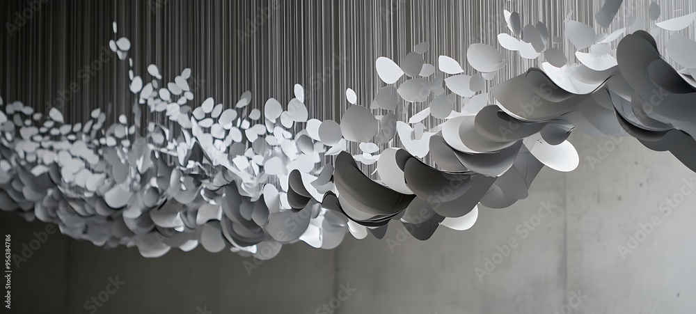 Fototapeta premium 40. Suspended paper shapes arranged in a cascading, three-dimensional pattern with intricate cut details