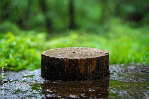 Wallpaper Mural A tranquil scene featuring a wooden stump surrounded by lush greenery, softly illuminated by rain on a peaceful forest floor. Torontodigital.ca
