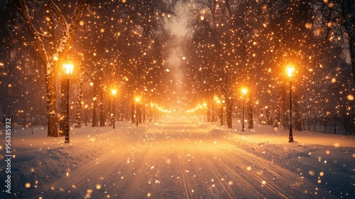 Magical Night Snowfall with Warm Streetlight Glow