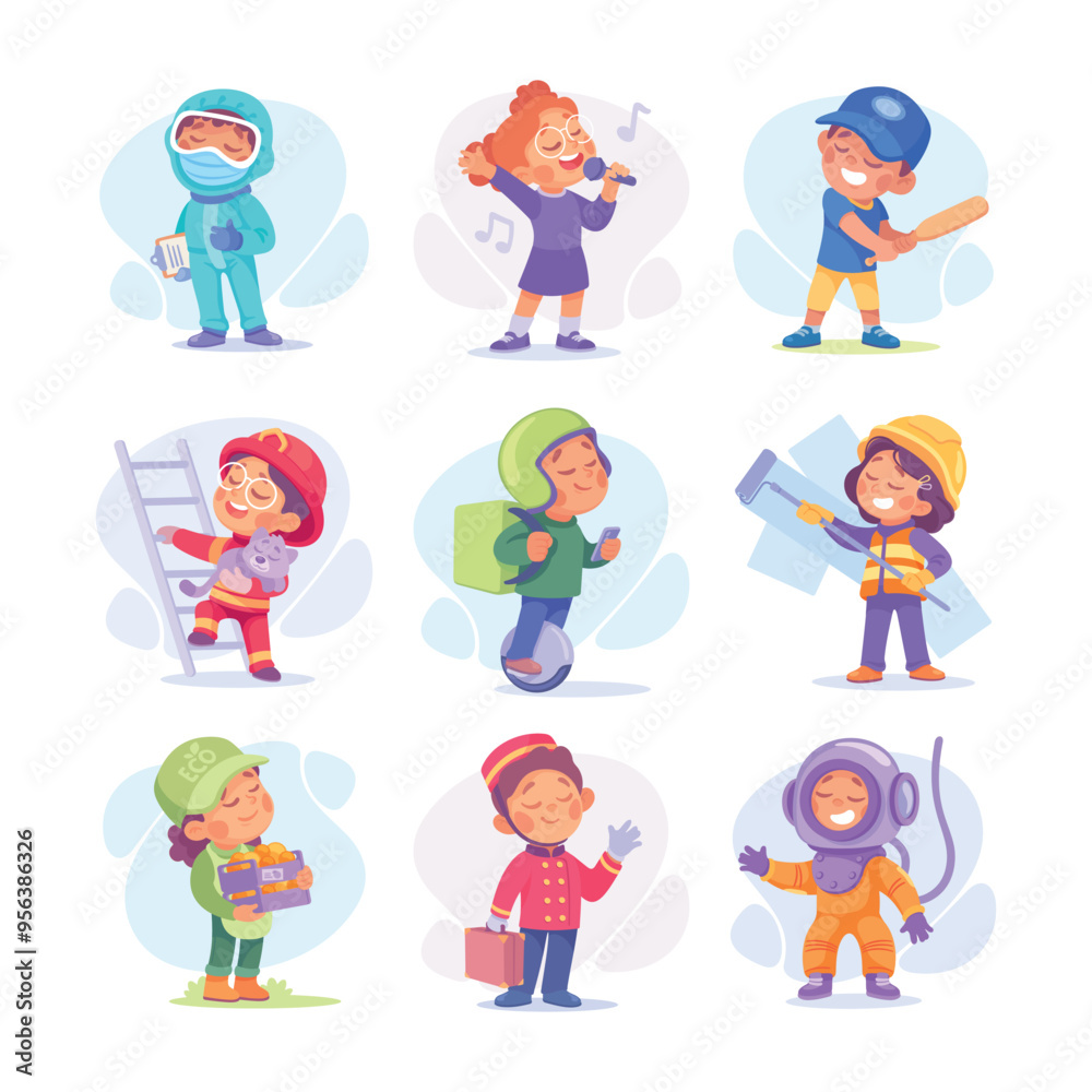 Fototapeta premium Child Profession Doing Different Job in Costume Vector Set