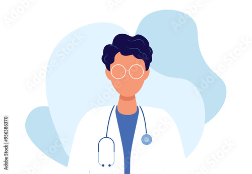 Doctor therapist or pharmacist. Male doctor. Concept - doctor, healthcare. Vector illustration in flat cartoon style.	
