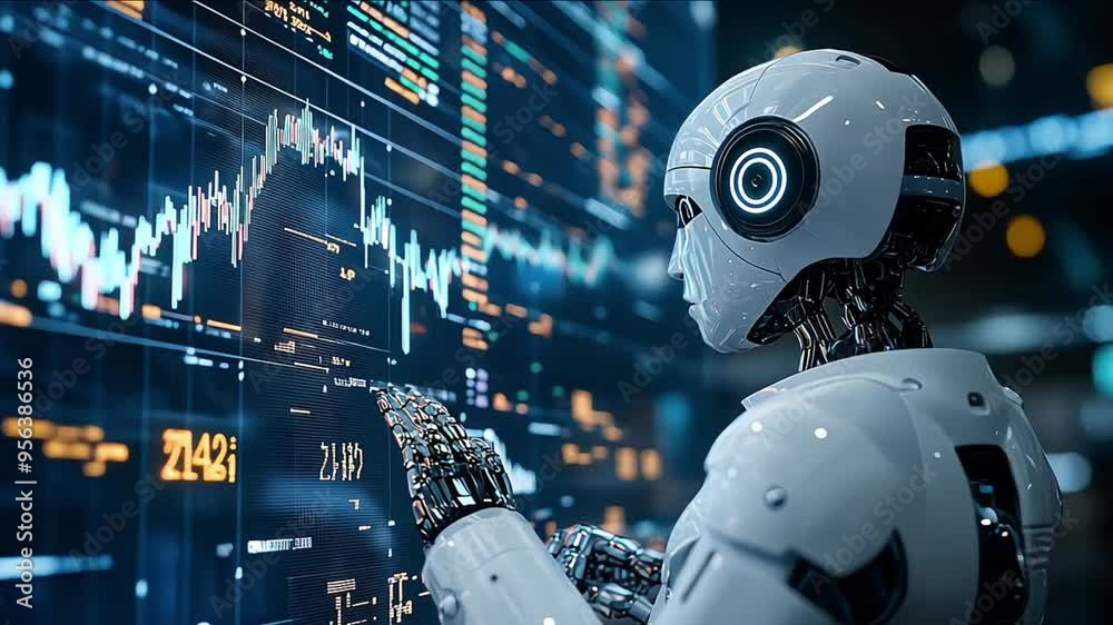 robot with hologram screen with trading market graph, financial and economic with Ai personal assistant concept 