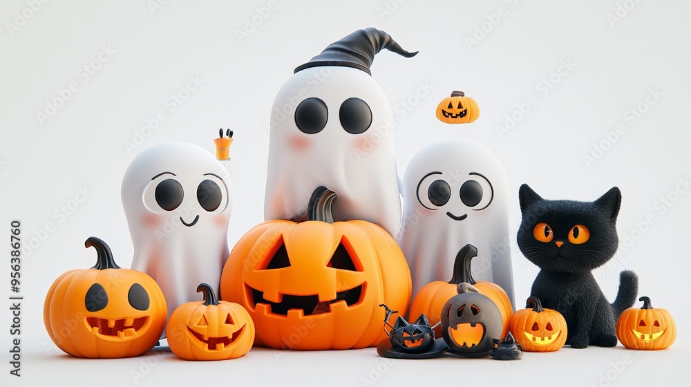 Spooky Halloween decorations with ghosts, pumpkins, and a black cat
