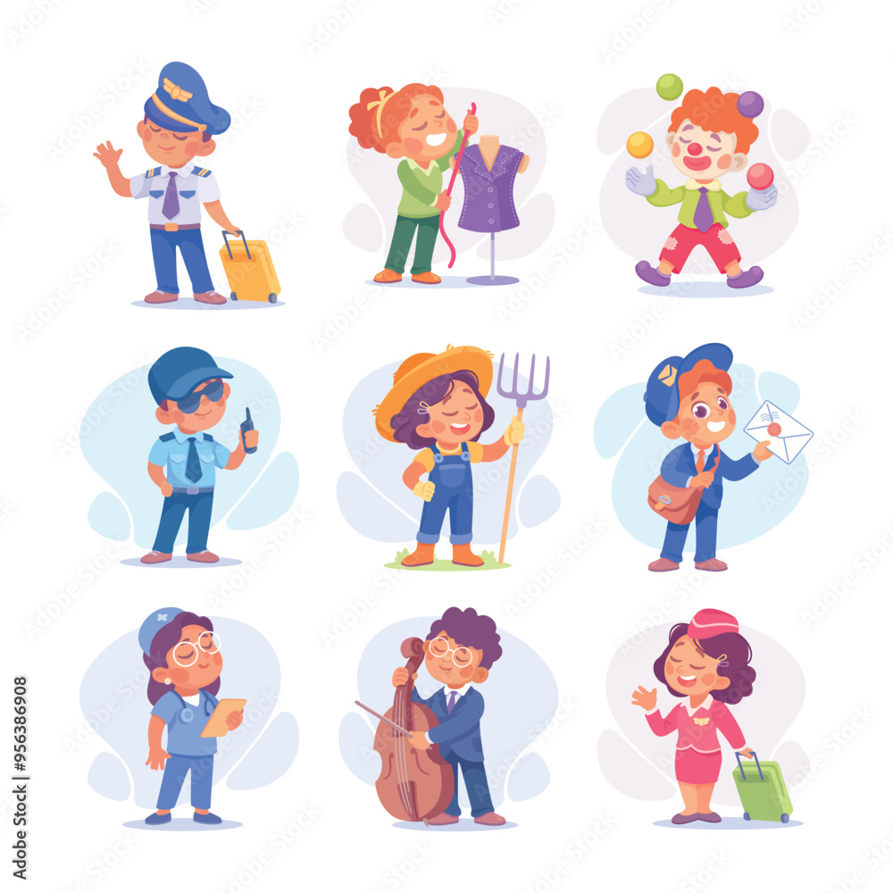 Child Profession Doing Different Job in Costume Vector Set Child Profession Doing Different Job in Costume Vector Set