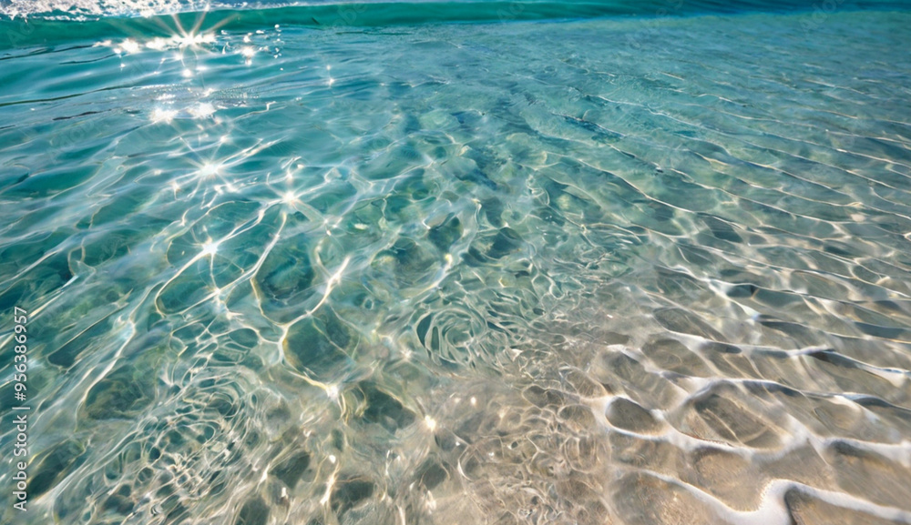 Naklejka premium Crystal-clear turquoise water gently ripples over a sandy beach, reflecting sunlight and creating a peaceful, tropical atmosphere.