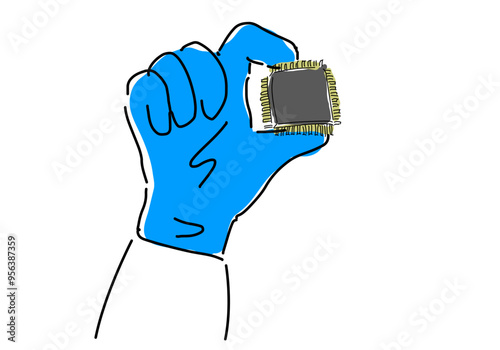 半導体の電子デバイスを持つ作業員の手