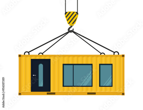 Yellow container house hanging on a crane hook. Vector illustration. Crane hook. Isolated on a white background. 
