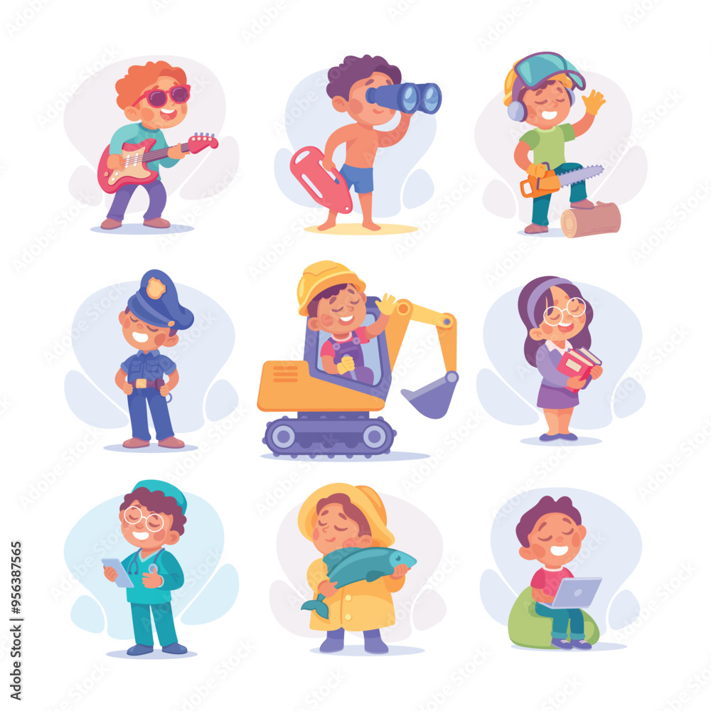 Child Profession Doing Different Job in Costume Vector Set Child Profession Doing Different Job in Costume Vector Set