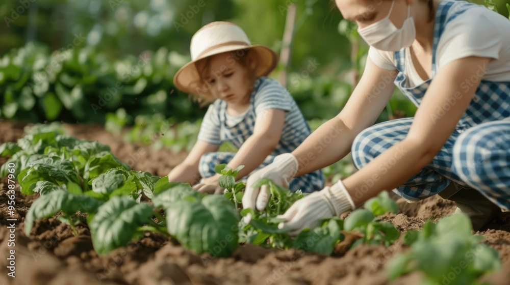 Three of a family planting and caring for a lush garden together symbolizing nurturing growth and the passing down of traditions across time