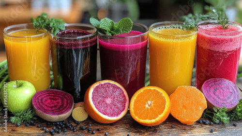 Fruit and Vegetable Juices: A selection of colorful juices made from a variety of fruits and vegetables like beets, carrots, oranges, and apples, arranged in clear glasses.