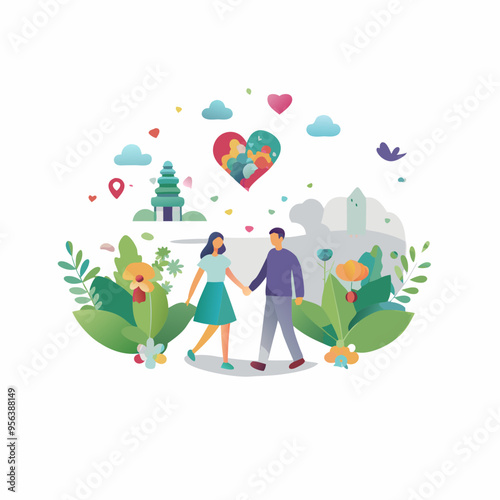 A couple romantically holding hands in a bizarre flower garden