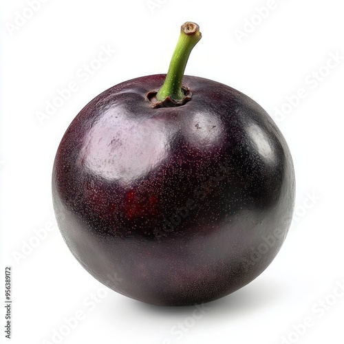 A single, ripe, dark purple, round fruit with a green stem, isolated on a white background.