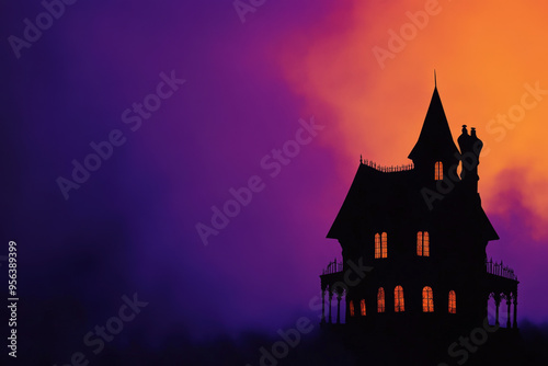 Spooky victorian haunted house silhouette with glowing windows is casting eerie shadows against a dramatic purple and orange sunset