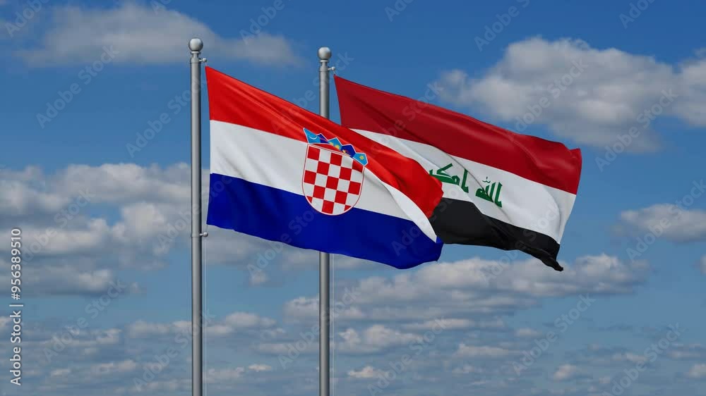 Iraq and Croatia two flags waving together on blue , video concept of the relationship Iraq and Croatia two flags waving together on blue , video concept of the relationship