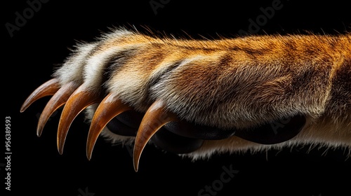 Powerful Macro Photography Showcasing the Fierce and Captivating Details of a Lion s Paw with Its Razor Sharp Claws and Textured Fur Covered Skin photo