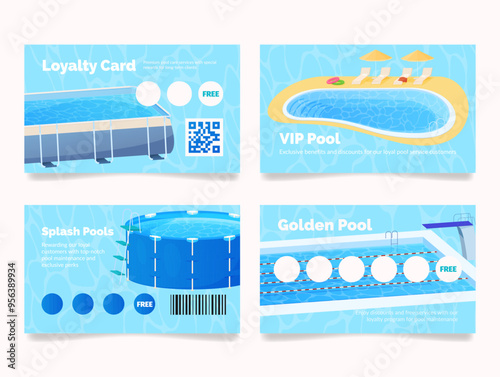 Swimming pool loyalty program card for sunbathing water recreation design template set vector