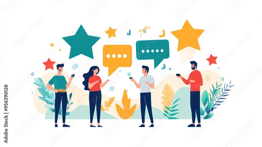 People with smartphones and feedback stars