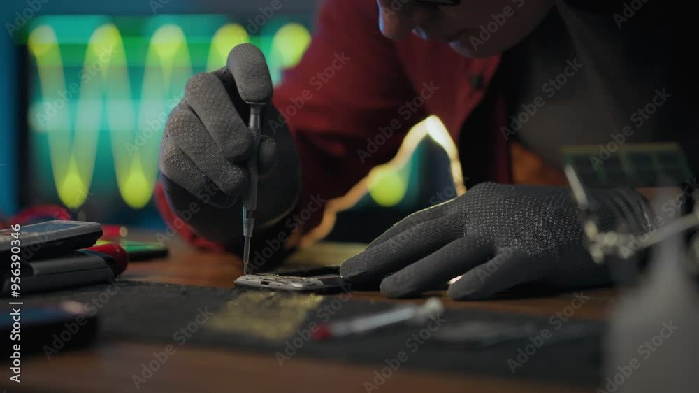 Hardware. Service worker applies equipment carefully uses screwdriver in electronic workshop. Camera movement white worker unscrews screws assembles microcircuits, profession Hardware. Service worker applies equipment carefully uses screwdriver in electronic workshop. Camera movement white worker unscrews screws assembles microcircuits, profession