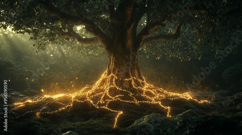 Powerful Visualization of a Small Business as a Towering Tree in a Forest, Representing Internal Controls with Glowing Roots and a Mystical Atmosphere