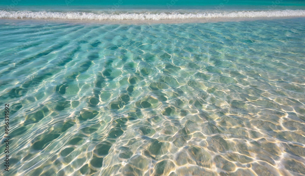 Obraz premium Crystal-clear turquoise water gently ripples over a sandy beach, reflecting sunlight and creating a peaceful, tropical atmosphere.